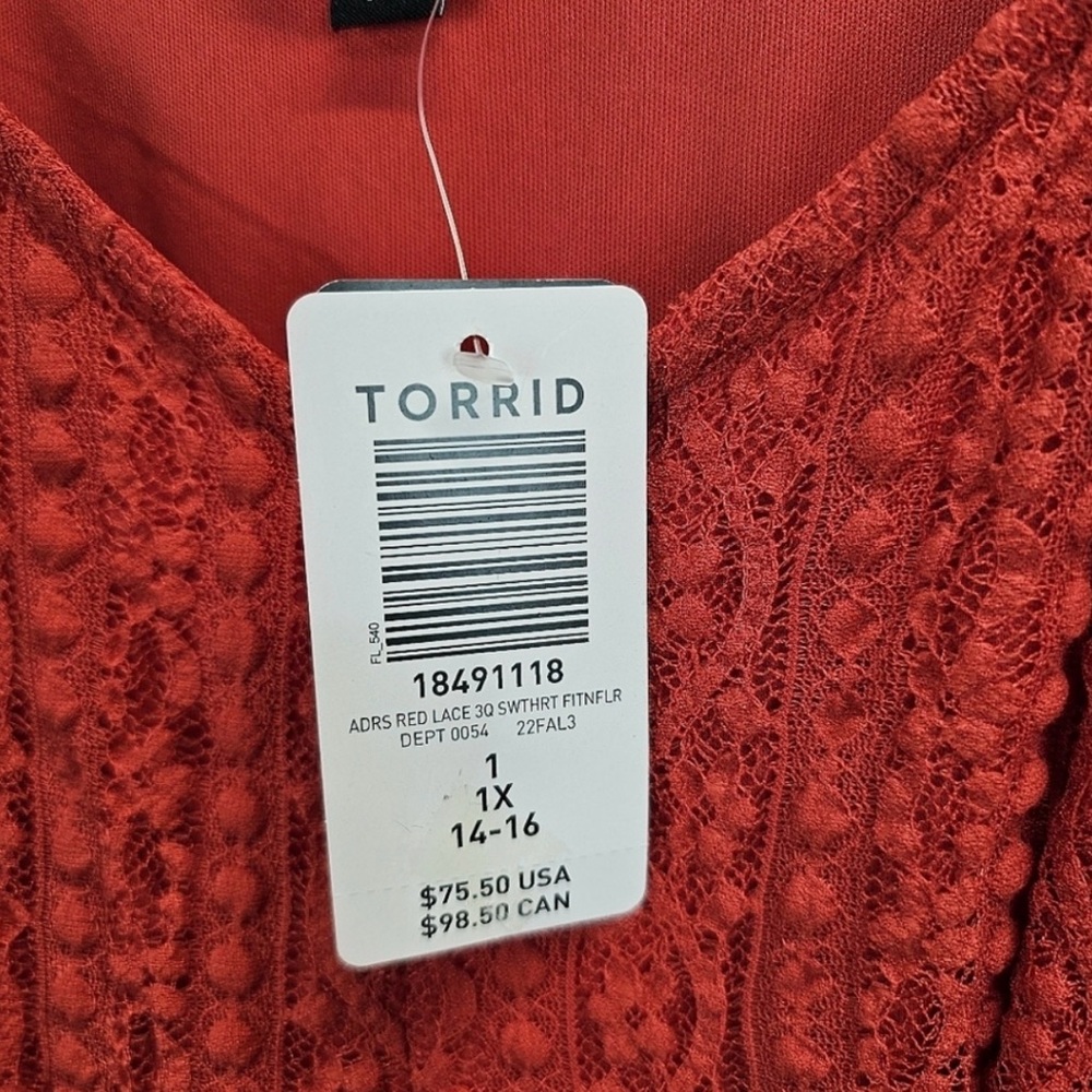 NWT Torrid Red Lace 3/4 Sleeve Fit and Flare Sweetheart Neck Dress Sz 1X - Picture 8 of 10
